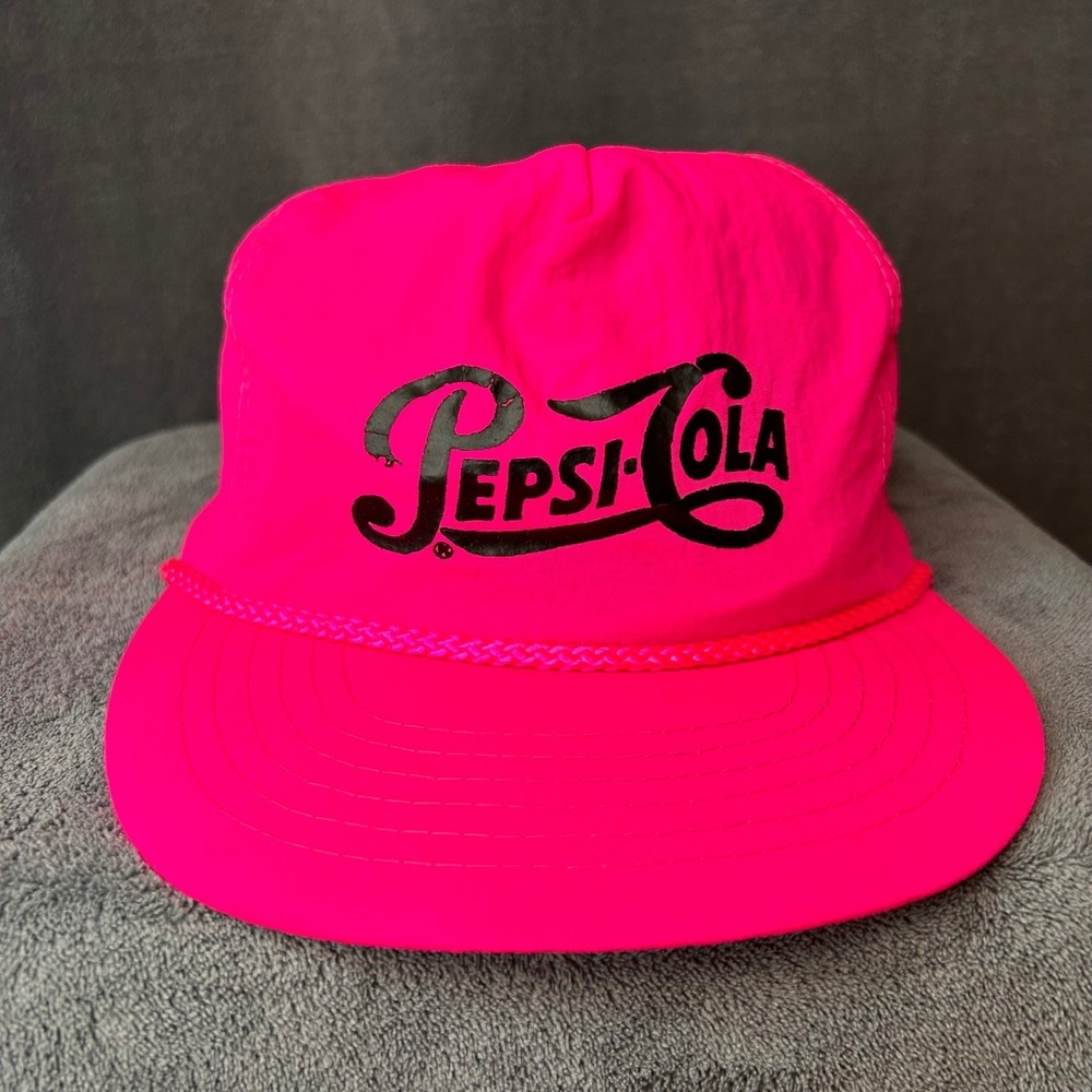 VTG 90s Pepsi Cola Hot Neon Pink Hat Rope Brim Adjustable Snapback Cap